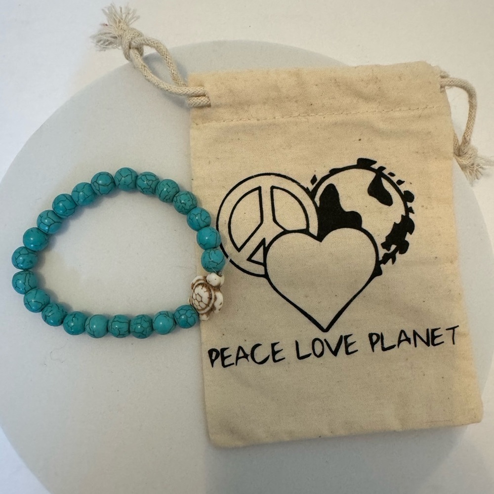 Turquoise Beaded Bracelet Peace Love Planet Boho Stretch Bracelet